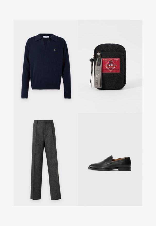 Granatowy sweter z dzianiny z długim rękawem, z prążkowanymi mankietami i ściągaczem, otwartym kołnierzem oraz małym kolorowym haftowanym logo po lewej stronie na piersi.; Szare spodnie o dopasowanym kroju wykonane z teksturowanej tkaniny, z dwoma fałdami z przodu i prostymi nogawkami. Brak widocznych kieszeni i zdobień.; Czarne skórzane mokasyny z zaokrąglonym noskiem, subtelnymi przeszyciami i niskim obcasem, charakteryzujące się gładką teksturą i minimalistycznym designem.; Czarna saszetka z teksturowanej tkaniny, z czerwoną łatką z logo, zamknięciem na zamek oraz szarym paskiem z wytłoczonym nazwiskiem marki.