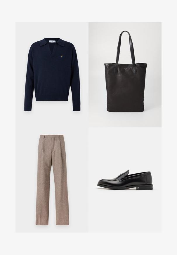 Navy blue long-sleeve knit sweater with ribbed cuffs and hem, open collar, and small colorful embroidered logo on chest left side.; Brown, high-waisted trousers made of textured fabric. Features wide legs and two front pleats for structure. Neat finish with no visible hardware.; Black leather loafers with a smooth texture, rounded toe, and a decorative strap across the vamp. Low stacked heel, minimalist design.; Black canvas tote bag with black leather handles. Simple design, spacious body, and a smooth texture. No visible logos or patterns.