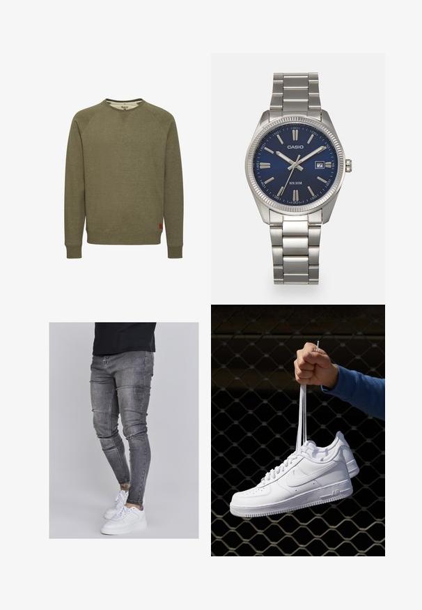 Olivengrøn sweatshirt lavet af blødt stof, med rund hals, ribbede manchetter og kant, samt et lille rødt logo-tag i nederste venstre hjørne.; Slank jeans i falmet grå denim med slidte detaljer ved knæene, parret med hvide sneakers. Glat tekstur, slim fit design.; Hvide lædersneakers med perforeringer, rund tå, flad sål og tykke snørebånd, med et synligt swoosh-logo og "AIR" på hælen.; Sølv rustfrit stål urrem med en marineblå urskive, metallic timemarkører og et datovindue kl. 3. Vandafvisende op til 50 meter.