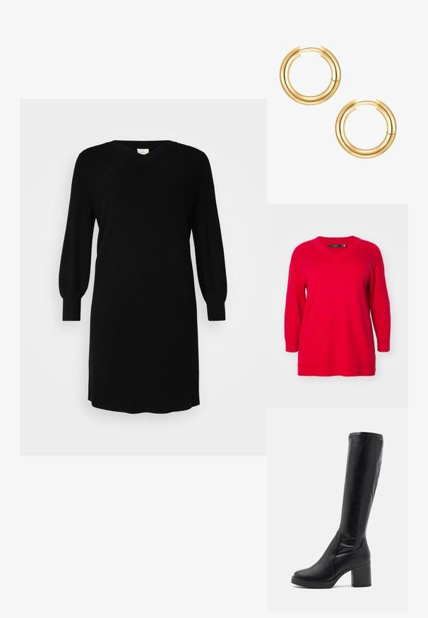 Červený sveter s dlhým rukávom a výstrihom do V, s voľným strihom a rebrovanými manžetami, vyrobený z mäkkej pleteniny.; Čierne pletené šaty s výstrihom do V, dlhými balónovými rukávmi a rebrovanými manžetami. Jednoduchý dizajn s rovným strihom, dĺžka po kolená.; Čierne čižmy po kolená vyrobené z hladkej kože s masívnym podpätkom a zaoblenou špičkou. Majú bezšvový dizajn a jemné prešívanie.; Zlaté kruhové náušnice so zdvojeným dizajnom. Hladký, lesklý povrch s bezproblémovým uzatváracím mechanizmom. Okrúhly tvar s moderným vzhľadom.