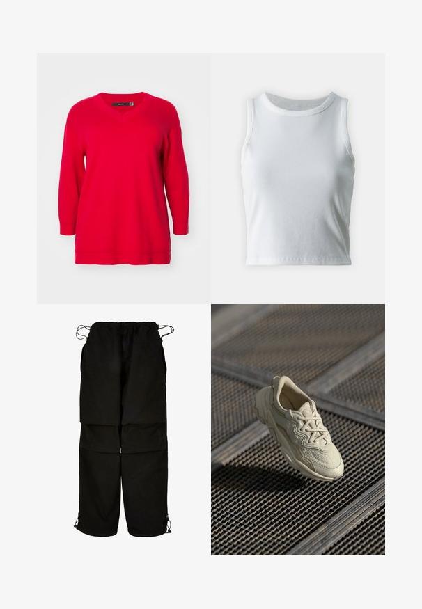 Rode lange mouwen trui met een V-hals, met een ontspannen pasvorm en geribde manchetten, vervaardigd uit een zachte breisel stof.; Witte geribde tanktop met een ronde halslijn en mouwloos ontwerp, voorzien van een rechte zoom en een gladde, rekbare textuur.; Zwarte broek van lichtgewicht stof, met een verstelbare tailleband en trekkoord aan de broekspijpen. Ontworpen met een losse, oversized pasvorm en meerdere zakken.; Beige sneaker met gestructureerde stof, contrasterende gladde accenten, afgeronde zool en veters, boven een gegraveerd oppervlak.