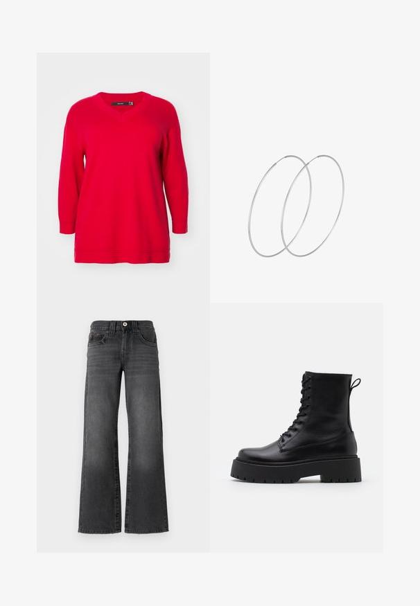 Rød langærmet sweater med V-hals, der har en afslappet pasform og ribbede manchetter, fremstillet af blødt strikstof.; Bredde ben jeans i mørkegrå denim. Har fem lommer, en knaplukning og subtil falmning på stoffet. Klassiske syninger som accentuerer.; Sorte læder ankelstøvler med rund tå, snørebånd foran og en tyk gummisål med struktureret slidbane. Hæfteløkke bagpå.; Sølvøreringe med et minimalistisk design. Cirkulær form, glat tekstur og tynd profil. Letvægtige med en poleret overflade.