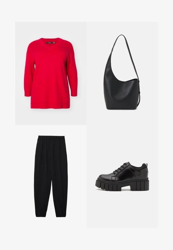 Pullover rosso a maniche lunghe con scollo a V, caratterizzato da una vestibilità comoda e polsini a coste, realizzato in morbido tessuto a maglia.; Pantaloni neri leggeri con vita elastica e caviglie arricciate. Il tessuto è liscio e presenta un design rilassato e affusolato.; Scarpe platform in pelle nera con tacco a blocco robusto, punta rotonda e design tradizionale con lacci. Presentano una superficie liscia e dettagli minimi.; Borsa hobo nera in pelle con una superficie liscia, forma curvata e una singola tracolla regolabile; presenta un'ampia apertura nella parte superiore.