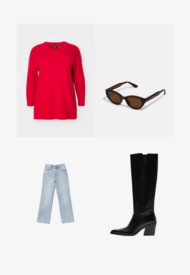Rdeča dolga majica s dolgimi rokavi in V-izrezom, z sproščenim krojem in rebrastimi manšeti, izdelana iz mehkega pletenega materiala.; Svjetloplave traperice širokog kroja, sa istrošenim detaljima, pet džepova, i zatvaranjem na patentni zatvarač.; Črne gležnjarje do kolen iz gladkega usnja, z ostrim nosom, blokinim peto in V-oblikovanim izrezom na vrhu.; Rjave mačkaste sončne očala s vintage mačjo obliko in rjavimi lečami. Imajo ukrivljene ročke z rdečimi detajli.