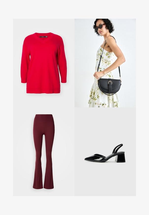 Rød langærmet sweater med V-hals, der har en afslappet pasform og ribbede manchetter, fremstillet af blødt strikstof.; Højtaljede, dybrøde leggings med en tætsiddende lårdel og flagrende lægdesign på en neutral baggrund.; Sorte patentlæder slingback hæle med spids tå og en geometrisk blok hæl. Har et elegant, minimalistisk design og en glat tekstur.; Sort læderhåndtaske med en buet form, aftagelig rem og guldfinish. Tasken har en klap med en spænde detalje.