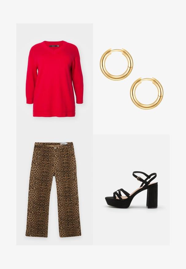 Red long-sleeve sweater with a V-neck, featuring a relaxed fit and ribbed cuffs, crafted from soft knit fabric.; Leopard print pants featuring a brown and black pattern, straight-leg design, and classic five-pocket styling. Made from cotton blend fabric.; Black suede platform sandals with a block heel, featuring criss-cross straps and a buckled ankle strap for secure fit.; Gold hoop earrings featuring a double-layered design. Smooth, shiny surface with a seamless closure mechanism. Round shape with a modern look.