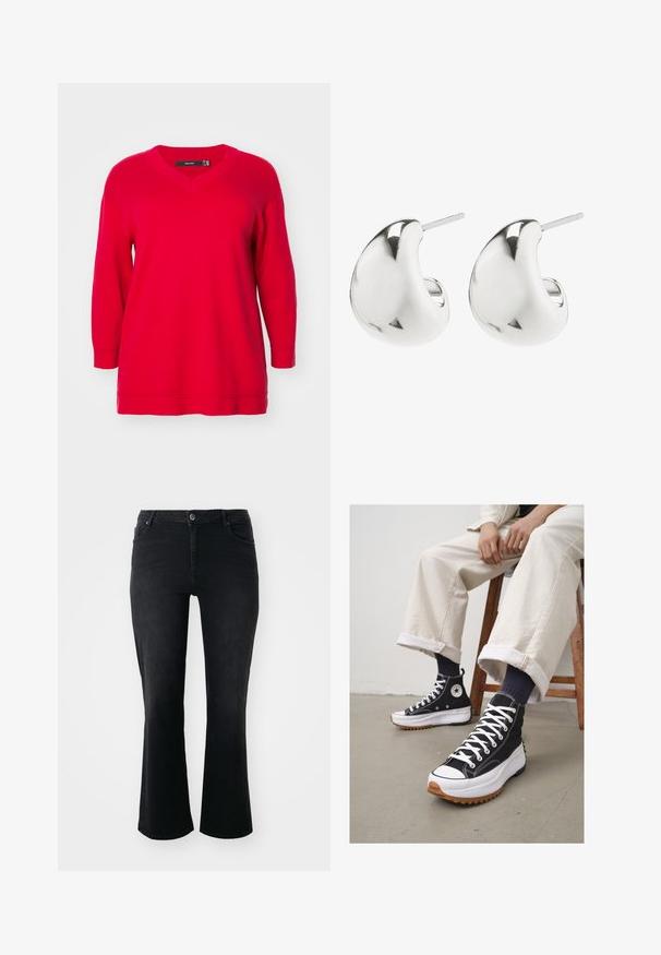 Rød langærmet sweater med V-hals, der har en afslappet pasform og ribbede manchetter, fremstillet af blødt strikstof.; Sorte denim jeans med mid-rise talje, frontknap, to frontlommer, to baglommer og flared ben.; Høje sorte sneakers med hvide snørebånd og gummitå. Tykk hvid sål med en tekstureret brun ydersål, båret med marineblå stribede sokker.; Sølv stud øreringe med et glat, buet design. De har en poleret overflade og en stift, der sikrer sikker bæring.