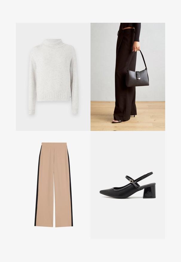 Maglione a maniche lunghe grigio chiaro con motivo a macchie, dal taglio rilassato e un colletto alto, leggermente ripiegato.; Pantaloni beige a gamba larga con una texture liscia, caratterizzati da strisce laterali nere. La vita è elasticizzata per il massimo comfort e facilità d'uso.; Décolleté in vernice nera con cinturino dietro, punta affusolata, design con ritagli arrotondati e tacco a blocco. Presenta un accento di fibbia tono oro.; Borsa nera con forma strutturata, texture liscia e una chiusura metallica. Abbinata a pantaloni neri larghi e sandali open-toe su un pavimento in legno.