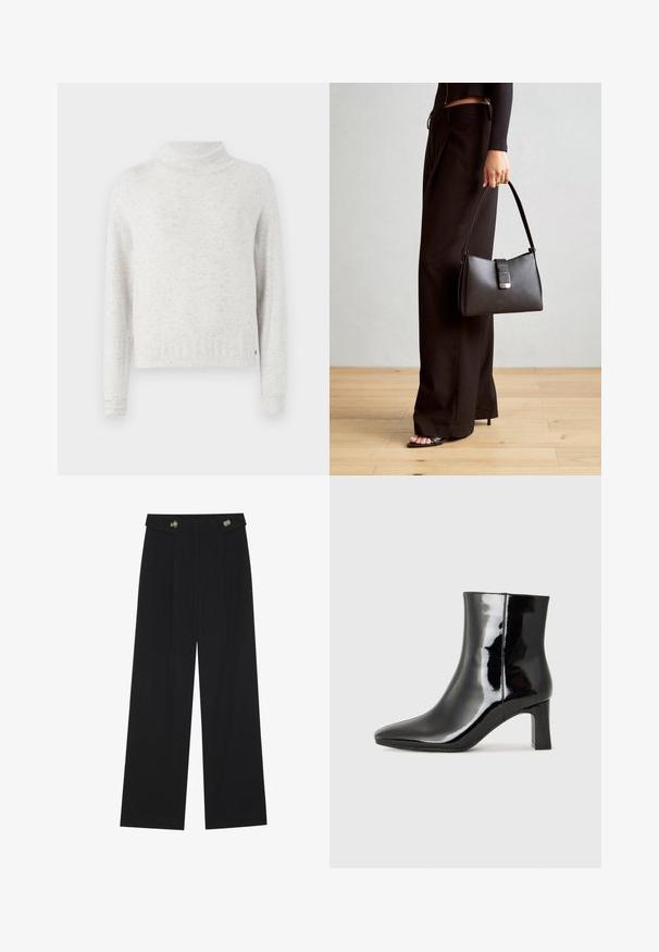 Light grey speckled long-sleeve sweater with a relaxed fit and a high, slightly folded neckline.; Black wide-leg trousers with high waist, button details on waistband, and front pleats.; Black patent leather ankle boot with a pointed toe and a mid-height block heel. Smooth texture and minimalist design.; Black handbag with structured shape, smooth texture, and a metallic clasp. Paired with wide black pants and open-toe sandals on wooden floor.