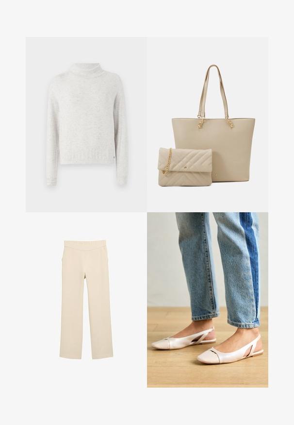 Suéter de manga larga de color gris claro moteado con un corte relajado y un cuello alto, ligeramente doblado.; Pantalones de pierna ancha beige con una tela texturada, cinturilla elástica y bolsillos laterales. Presentan un ajuste relajado y piernas rectas.; Bailarinas de color rosa pálido con tiras traseras y punta puntiaguda, fabricadas con un material similar al cuero suave. Presentan detalles recortados en los laterales y un tacón plano.; Bolso de mano beige con asas planas, textura suave y herrajes dorados, acompañado de un clutch acolchado a juego con una cadena.