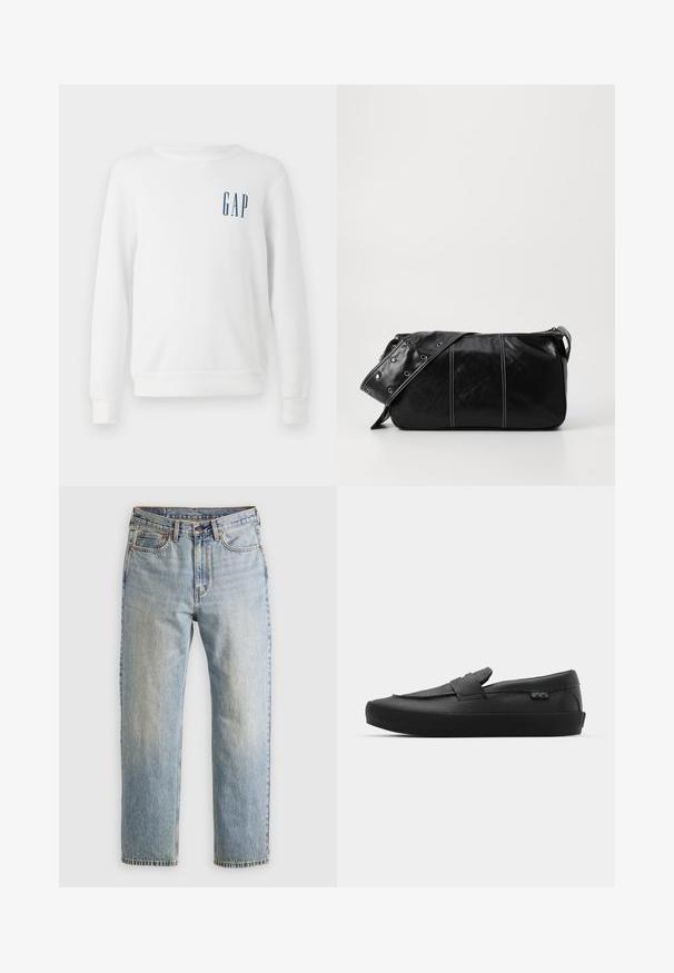 Felpa bianca realizzata in cotone, con maniche lunghe e scollatura rotonda. Presenta un logo blu "GAP" sulla parte sinistra del petto.; Jeans in denim azzurro chiaro con vita alta, bottone anteriore, cerniera e design a cinque tasche, adagiati su uno sfondo neutro.; Vans SKATE LOAFER UNISEX - Sneakers basse - black; Borsa a spalla in pelle nera con chiusura a zip, caratterizzata da un corpo testurizzato, cuciture bianche e una tracolla con occhielli in argento.