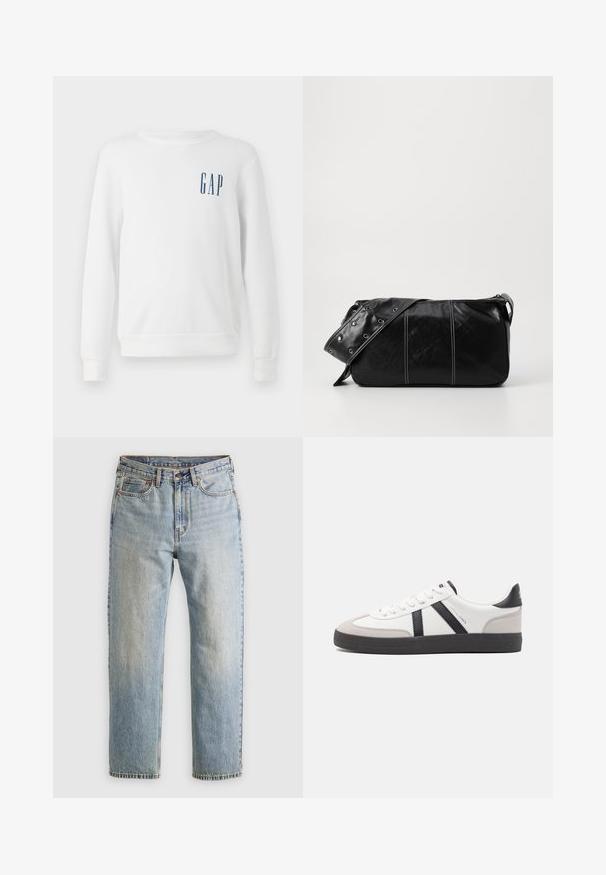 Biała bluza stworzona z bawełny, z długimi rękawami i okrągłym dekoltem. Posiada niebieskie logo "GAP" na lewej stronie klatki piersiowej.; Jasnoniebieskie dżinsy z wysokim stanem, z guzikiem z przodu, zamkiem błyskawicznym i pięcioma kieszeniami, ułożone na płasko na neutralnym tle.; Białe sneakersy z czarnymi i szarymi akcentami, z teksturowanym szarym czubkiem, czarną gumową podeszwą i płaskimi białymi sznurowadłami. Czysty design, minimalistyczny styl.; Czarna skórzana torba na ramię z zamkiem błyskawicznym, charakteryzująca się teksturowanym korpusem, białymi przeszyciami oraz paskiem z srebrnymi osłonkami.