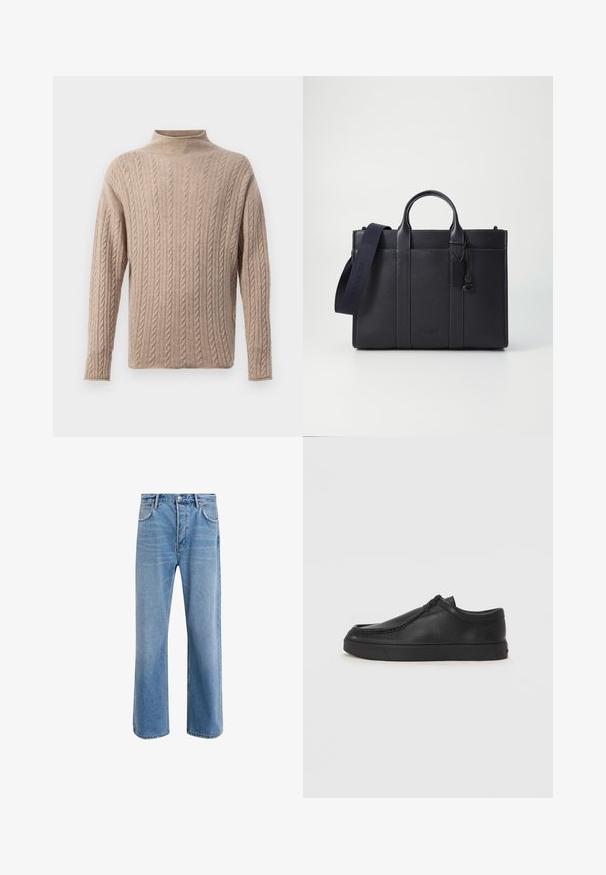 Beige cable-knit sweater with a mock neck, long sleeves, textured pattern, and ribbed detailing on cuffs and hem. Soft, comfortable material.; Light blue denim jeans with a straight-leg design, five pockets, button closure, minimal fading, and contrasting stitching details.; Black leather slip-on shoe with a rounded toe, stitched detailing, and black rubber sole. Smooth texture with minimalistic design.; Dark navy leather briefcase with dual top handles and a detachable strap. Features textured finish, vertical stitching, and logo detail.