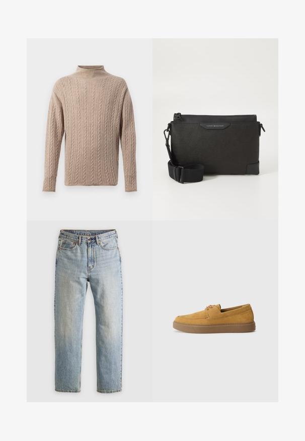 Beige kabelstrikket genser med høy hals, lange ermer, teksturert mønster, og ribbestrikkede detaljer på ermer og nederkant. Mykt, behagelig materiale.; Lys blå denim jeans med høy midje, frontknapp, glidelås og fem-lommers design, lagt flatt på en nøytral bakgrunn.; Brune suedepantofer med teksturert overflate, rund tå, og kontrasterende gummisåle. Har subtil merkevare ved hælen.; Svart skinn crossover-veske med teksturert overflate, med glidelås og justerbar stropp. Logo-patch på fronten. Rektangulær fasong.