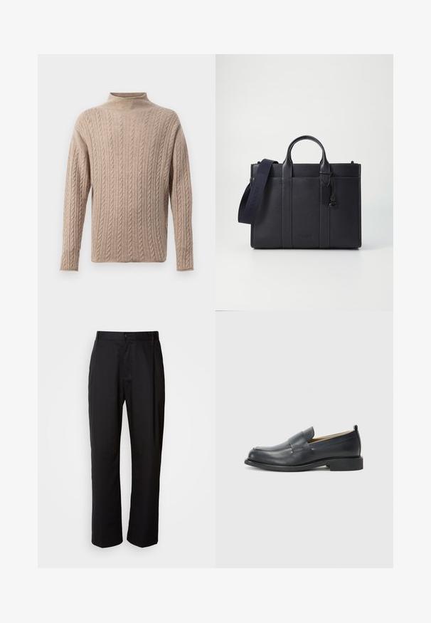 Beige cable-knit sweater with a mock neck, long sleeves, textured pattern, and ribbed detailing on cuffs and hem. Soft, comfortable material.; Black trousers with a straight cut, made of lightweight fabric. Features a front button closure and two side pockets; smooth texture.; Black leather loafers featuring a smooth finish, a flat sole, and a rounded toe with a decorative strap across the upper.; Dark navy leather briefcase with dual top handles and a detachable strap. Features textured finish, vertical stitching, and logo detail.