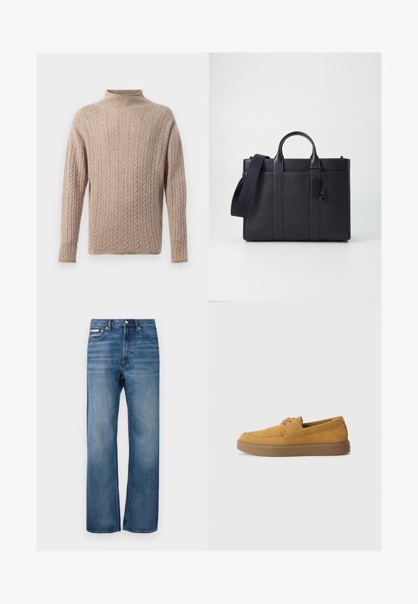 Suéter bege de malha canelada com gola alta, mangas longas, padrão texturizado e detalhes canelados nas mangas e na bainha. Material suave e confortável.; Jeans de ganga azul, de perna reta, com ligeira descoloração, fecho frontal com botão e uma pequena etiqueta com logotipo no bolso frontal direito.; Sapatos slip-on em camurça castanha com um acabamento texturizado, bico redondo e sola de borracha em contraste. Apresenta uma marcação discreta próximo ao calcanhar.; Pasta de couro azul-marinho escura com alças superiores duplas e uma alça destacável. Apresenta um acabamento texturizado, costura vertical e detalhe do logotipo.