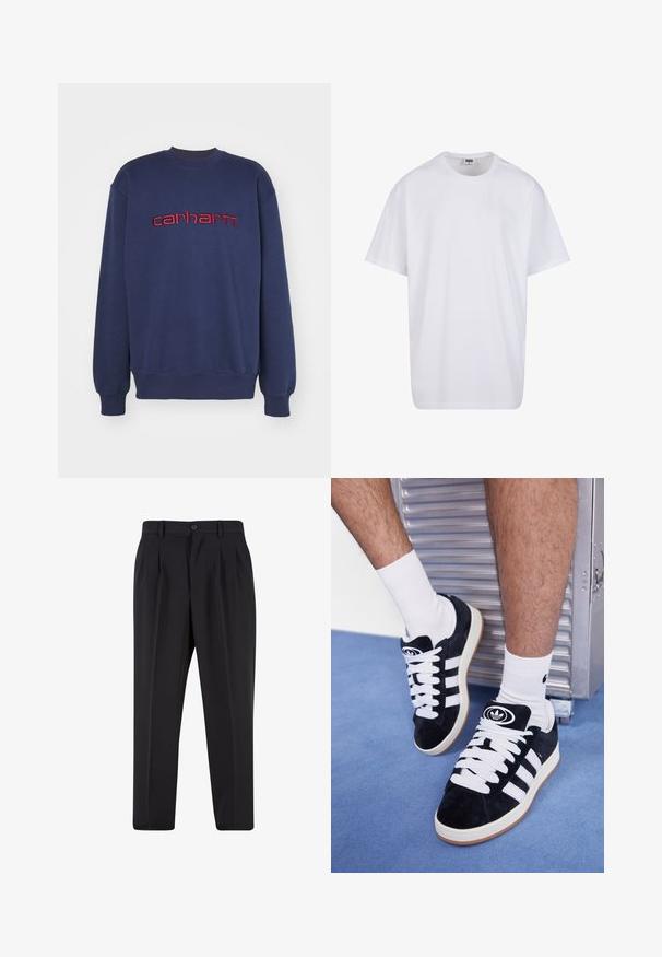 Navy blue sweatshirt made of cotton, featuring a round neck and ribbed cuffs with red embroidered "carhartt" logo across the chest.; White cotton t-shirt with short sleeves, rounded neckline, relaxed fit, and no visible logos or patterns. Smooth texture and minimal design.; Black trousers with a pleated front design, made from smooth fabric. Features a button closure and belt loops; straight-leg fit.; Black suede sneakers with white laces and three white stripes. Features a circular black logo on the tongue and a gum rubber sole.