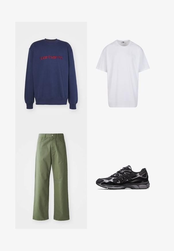 Sudadera azul marino de algodón, con cuello redondo y puños acanalados, con el logo bordado en rojo de "carhartt" en el pecho.; Camiseta blanca de algodón con mangas cortas, cuello redondo, corte relajado y sin logotipos ni patrones visibles. Textura suave y diseño minimalista.; Pantalones de pierna ancha color verde olivo hechos de algodón. Presentan lazos para cinturón, un cierre de botón en la parte frontal y bolsillos laterales. Textura suave.; Zapato deportivo negro con parte superior de malla y ante, que presenta un diseño texturizado y una suela gris robusta y acolchada.