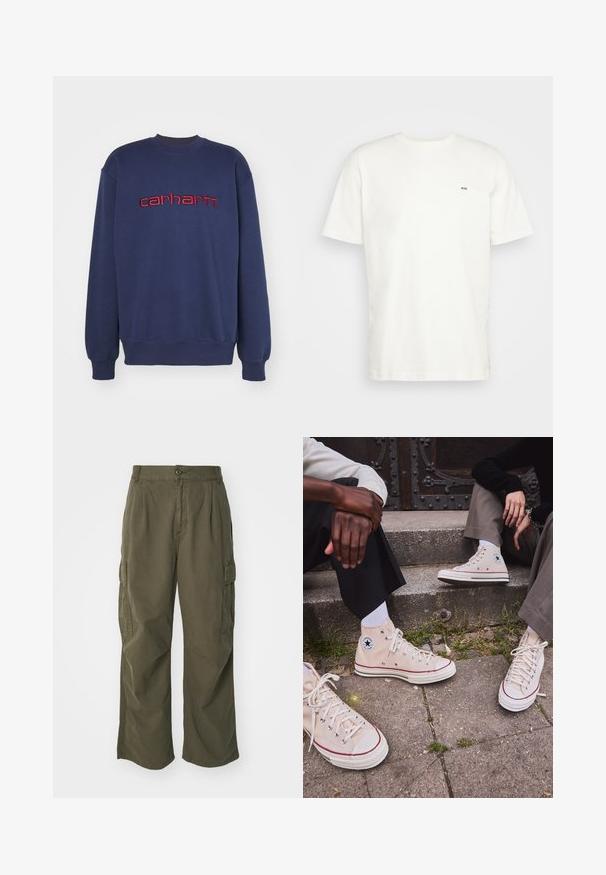 Navyblauwe sweatshirt van katoen, met een ronde hals en geribde manchetten, voorzien van een rode geborduurde "carhartt" logo over de borst.; Witte katoenen t-shirt met ronde hals, korte mouwen en een klein zwart "W.W." logo op de linkerborst. Gladde textuur, reguliere pasvorm.; Cargo broek in olijfgroen, gemaakt van katoen, met een wijd broekontwerp, plooien en zijzakken voor utility.; Beige hoge canvas sneakers met rode streep, witte rubberen zool en metalen oogjes, met het iconische sterrenlogo aan de zijkant.