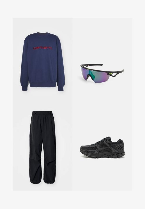 Marineblå genser laget av bomull, med rund hals og ribbestrikkede mansjetter, og rødt brodert "carhartt"-logo over brystet.; Sorte lettvekts cargo-bukser i svart med elastisk midje, sidelommer med glidelås og romslige lommer. Har en løs passform og innsnørede mansjetter.; Sorte atletiske sko med mesh-overdel, gummisåle og teksturerte detaljer. Designet inkluderer uttalt snøringssystem og polstret såle.; Sports solbriller med en svart ramme, store gradientlinser i lilla og grønne nyanser, samt vinklede designaksenter med logo-detalj.