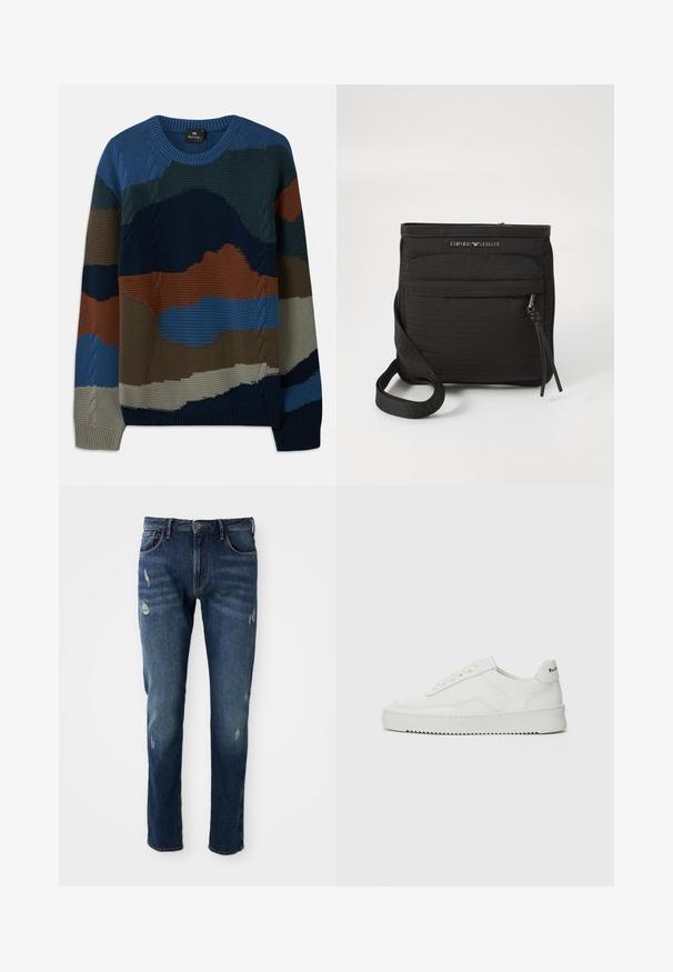 Kötött pulóver kerek nyakkal, különböző textúrájú mintákkal kék, zöld, barna és szürke árnyalatokban, kábel díszítésekkel.; Sötétkék farmeregyenes nadrág, karcsúsított szabással, enyhe kopásokkal a combokon és a térdeken, klasszikus öt zsebes dizájn és gombos zárás.; Fehér bőr sportcipő sima felülettel, kerek orral, lapos fűzőkkel és texturált talppal. Finom logó található a sarokon.; Fekete Emporio Armani crossbody táska elülső cipzáras zsebbel, állítható pánttal és logóval ellátott texturált anyagon.