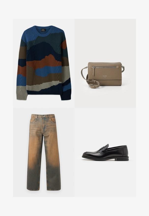 Strickpullover mit rundem Halsausschnitt und abwechslungsreichen strukturierten Mustern in Blau-, Grün-, Braun- und Grautönen sowie Kabelakzenten.; Weite Jeans aus verwittertem blauem und braunem Denim. Sie haben eine hohe Taille, Vorderseiten-Taschen und einen klassischen Knopfverschluss mit metallischen Akzenten.; Schwarze Lederloafers mit glatter Textur, rundem Zehenbereich und einem dekorativen Riemen über dem Vorderfuß. Niedriger, gestapelter Absatz, minimalistisches Design.; Taupe Leder Umhängetasche mit einem Reißverschluss-Frontfach, verstellbarem Schulterriemen, Strukturleder und geprägt Logo auf der Vorderseite.