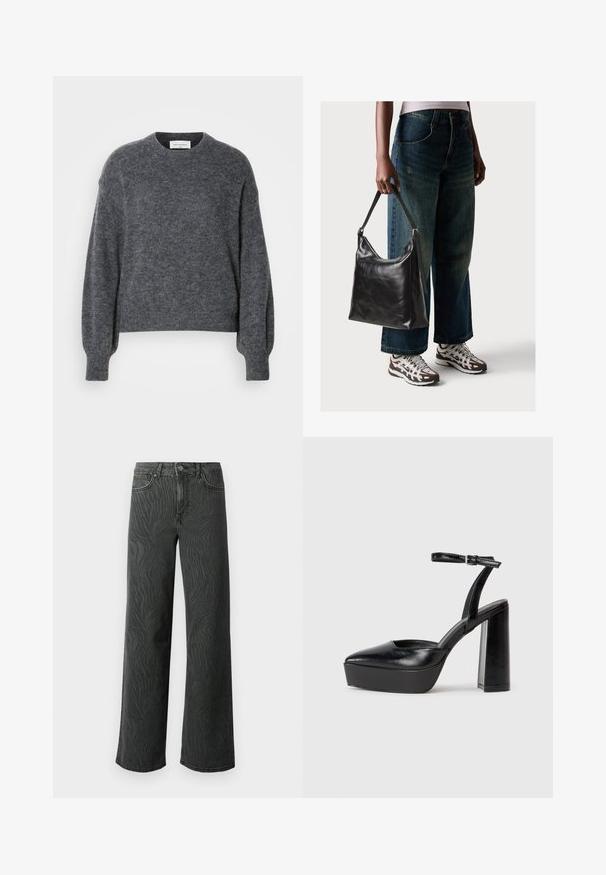Hall hall kaelusega hall villane sviiter, pika varrukaga ja kergelt lühendatud lõikega. Pehme tekstuur ja peene kudumise muster.; Laial jalgevahega teksad tumedas hallis denimis, millel on peen sablestriibuline tekstuur, kontrastne õmblemine ja viie tasku disain nupuga.; Mustad platvormi kontsad terava ninaga ja reguleeritava pahkluuraamiga. Valmistatud siledast nahast, funktsioneerib massiivse plokknäheeliga.; Must musta õlakott, millel on sile tekstuur ja reguleeritav rihm, koos pleekinud laia jalgadega teksade ja sportlike tossudega.