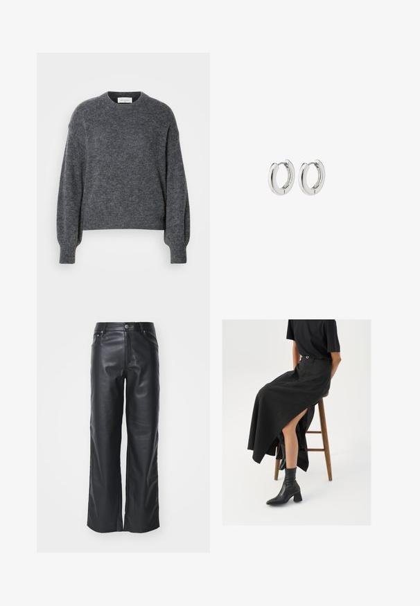 Maglione grigio in lana con scollo a girocollo, maniche lunghe e un taglio leggermente accorciato. Texture morbida con un sottile motivo a maglia.; Pantaloni neri in pelle con una texture liscia, dotati di chiusura frontale con bottone e design a cinque tasche. Taglio pensato per una vestibilità comoda.; Gonna maxi in lino nera con uno spacco alto, indossata con una t-shirt nera e stivaletti neri. Design minimalista con una vestibilità rilassata.; Orecchini a cerchio in argento con una finitura lucida, caratterizzati da un design circolare e cerniere senza soluzione di continuità, che mostrano una superficie liscia.