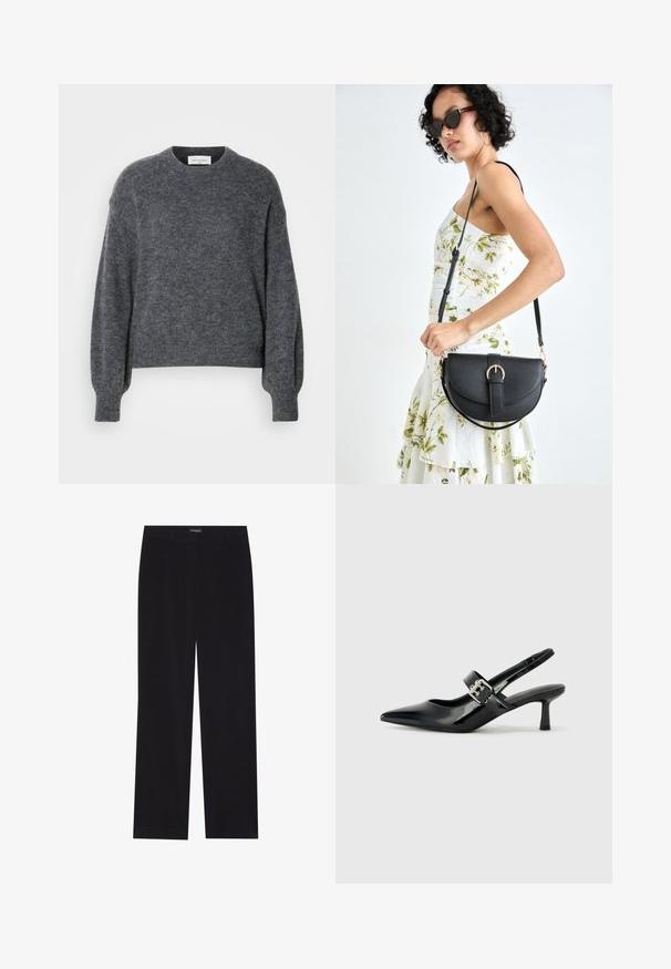 Szürke gyapjú pulóver, kerek nyakkivágással, hosszú ujjakkal és enyhén cropped fazonnal. Puha textúra, diszkrét kötött mintával.; Fekete kordbársony nadrág egyenes szabással, lapos derékkal és láthatatlan zsebekkel, sima textúrával és függőleges bordázással.; Fekete lakkbőr slingback sarkú cipők hegyes orral és kis blokk talppal, ezüst csat díszítéssel a pánton.; Fekete bőrtáska ívelt formával, levehető pánttal és arany színű fémrészekkel. A táskán egy csattal díszített fedél található.