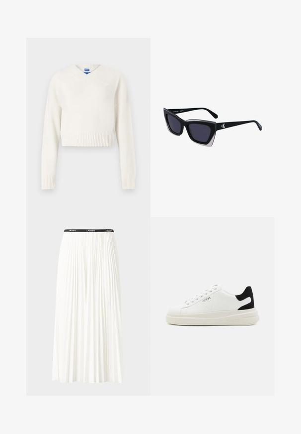 Bela skrajšana pulover iz mehkega pletenega materiala. Ima V-izrez, rebrast rob in majhen emblem srčka na levem prsnem delu.; Gubasta bela krila z črnim elastičnim pasom, ki nosi logotip "LACOSTE". Srednje dolga zasnova z mehkobo tkanine.; Bele usnjene športne copate z debelim belim podplatom, črnimi semišnimi detajli na peti in utisnjenim logotipom na strani. Zavezovanje s šestimi luknjicami.; Črne prevelike sončne očala geometrijske oblike, z temnimi lečami in kontrastno sivo podrobnostjo na okvirju. Logo na ročaju.