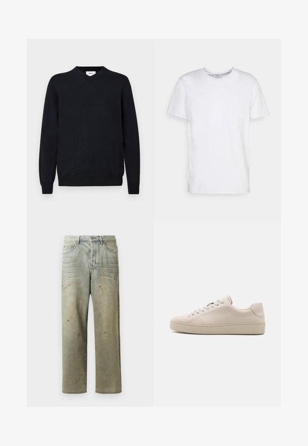Black v-neck sweater made of soft material, featuring long sleeves and ribbed cuffs and hem. Minimalist design with no visible patterns.; White short-sleeve t-shirt made of cotton. Features a round neckline and a relaxed fit with no visible patterns or accents.; Distressed denim jeans in light green, featuring a straight leg, five-pocket design, and uneven fading with paint splatters.; Beige leather sneakers with a smooth finish, rounded toe, flat sole, and classic lace-up design. Subtle stitching accents and textured outsole.