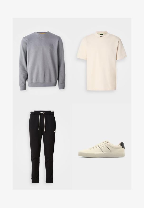 Hallhallane mehikuga dressipluus, mis on valmistatud pehmest materjalist. Omab ribitud varrukaotsi, hõlma ja väikest logopatch'i rinnal. Ühtlane tekstuur.; Kreemja värvi lühikeste varrukatega T-särk kõrge kaelusega, mille ees on musta värvi kiri "BOSS" trükitud kaelaosa ja siltide peale.; Mustad slim-fit spordipüksid valge paelaga, ribakudumiga sääreotstes ja õrn logo ülemisel reies, mille taust on lihtne.; Kreemikaalased sneekerid sileda pinnaga, millel on mustad aktsendid ja bränding. Klassikaline paeltega mudel ümmarguse ninaga ja kummist tallaga.