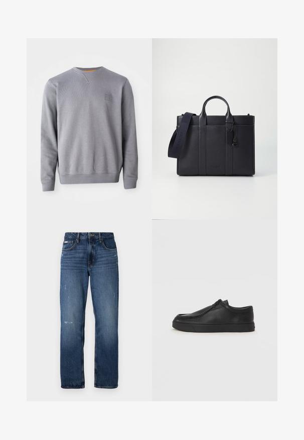 Šedá mikina s kulatým výstřihem vyrobená z měkkého materiálu. Obsahuje žebrované manžety, spodní lem a malou nášivku s logem na hrudi. Hladká textura.; Modré džíny z denimu se střihem rovného nohavice. Mají vybledlé oblasti a drobné opotřebení na přední straně, s klasickým zapínáním na knoflík.; Černé kožené nazouvací boty s kulatou špičkou, prošitím a černou gumovou podrážkou. Hladký povrch s minimalistickým designem.; Tmavě námořnická kožená aktovka s dvojitými horními rukojeťmi a odnímatelným popruhem. Má texturovaný povrch, vertikální švy a detail s logem.