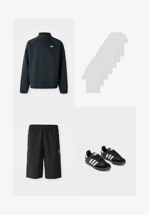 Juodas ketvirčio užtrauktuko megztinis, pagamintas iš minkštos medžiagos, su raglaniniu rankovėmis ir baltu logotipu ant krūtinės. Rankogaliai yra elastiniai.; Baltos medvilninės marškinėliai, trumpomis rankovėmis, apvaliu kaklu, lygia tekstūra, sušluoti į eilę, su subtiliu prekės ženklu ant kaklo.; Juodi medvilniniai šortai su elastinga juosta, šoninėmis siūlėmis ir mažuoju baltu logo ant kairės kojos. Lygi tekstūra, iki kelių ilgio dizainas.; Juodi sportiniai bateliai su zomšos ir sintetine viršutine dalimi, turintys tris baltas juosteles, tekstūruotą gumos pado paviršių ir mėlyną logotipo etiketę ant liežuvėlio.