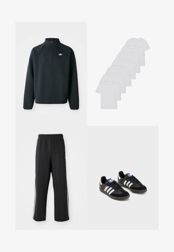 Felpa nera a mezza zip realizzata in tessuto morbido, con maniche raglan e logo bianco sul petto. I polsini sono elasticizzati.; T-shirt bianchi in cotone, maniche corte, design a collo tondo, texture liscia, impilati in fila, con un sottile marchio all'altezza del collo.; Pantaloni da jogging neri con elastico in vita, dotati di strisce bianche sui lati e vestibilità comoda. Realizzati in tessuto morbido e elastico.; Sneakers neri con tomaia in suede e materiale sintetico, caratterizzati da tre strisce bianche, suola in gomma testurizzata e etichetta blu sul linguetta.