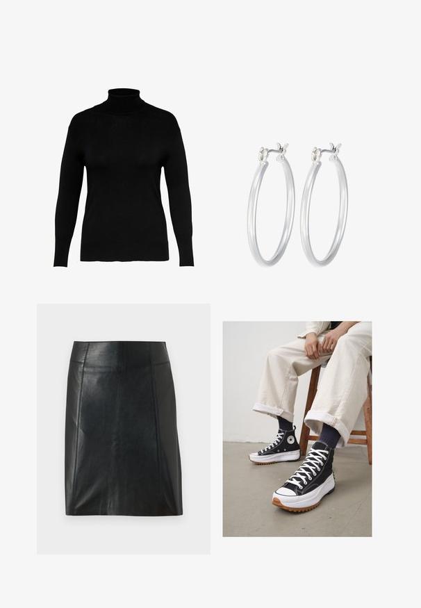 Czarny sweter z golfem, wykonany z miękkiej dzianiny, z długimi rękawami i dopasowanym krojem, o gładkiej teksturze i minimalnych detalach.; Czarna skórzana spódnica o dopasowanym kroju. Gładka tekstura, szwy podkreślające kształt i prosty dół. Minimalistyczny i elegancki wygląd.; Czarne sneakersy typu high-top z białymi sznurówkami i gumowym noskiem. Gruba biała podeszwa z teksturowaną brązową podeszwą zewnętrzną, noszone z pasiastymi skarpetami w kolorze granatowym.; Srebrne kolczyki w formie kółek o gładkim, polerowanym wykończeniu. O okrągłym kształcie i pewnym zapięciu na klik. Lekka konstrukcja odpowiednia do codziennego noszenia.
