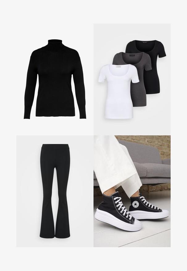 Melnā roll-neck džemperis, izgatavots no mīkstas adītas auduma, ar garām piedurknēm un pieguļošu formu, ar gludu tekstūru un minimālu dekoru.; Trīs pieguļoši T-krekli baltā, pelēkā un melnā krāsā. Katram ir plaša izgriezuma kakla un īsas piedurknes. Izgatavoti no gluda, elastīga auduma.; Melnas izplešanās bikses, izgatavotas no elastīga auduma, ar augstu vidukli un gludu tekstūru. Bikses izvēršas no ceļa.; Melnas augstās topa kedas ar baltām gumijas zolēm un auklām. Tās ir ar apaļu logotipa uzšuvumu un kontrastējošām baltām šuvēm. Materiāls no kanvas.