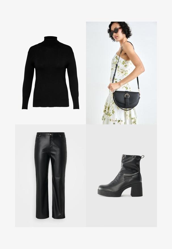 Crna rolka od mekanog pletenog materijala, s dugim rukavima i prilagođenim oblikom, s glatkom teksturom i minimalnim detaljima.; Crne hlače od umjetne kože ravnog kroja, s petljama za pojas, prednjim džepovima i zatvaranjem na zip s gumbom. Glatka tekstura.; Crne gležnjače od glatke kože, s bočnim zatvaračem, debelim teksturiranim potplatom i dizajnom s zaobljenim prstima.; Crna kožna torba s lukovitim oblikom, odvojivim remenom i zlatnim detaljima. Torba ima preklop s kopčom.