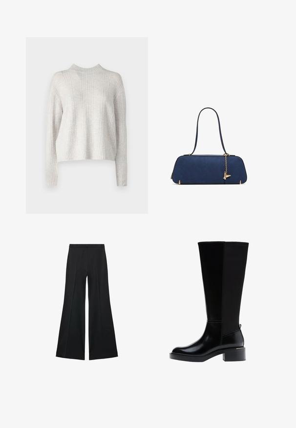 Světlé šedé pletené svetr s vysokým límcem, s vertikální žebrovou strukturou a zkrácenými rukávy. Měkká látka s útulným vzhledem.; Černé kalhoty s širokými nohavicemi a hladkou texturou, s předními sklady a přizpůsobeným střihem. Materiál je lehký a splývavý.; Černá kozačka ke kolenu z hladké kůže, s výrazným prošíváním, robustním podpatkem a texturovaným zadním panelem pro větší zajímavost.; ALDO THALELI - Kabelka - navy