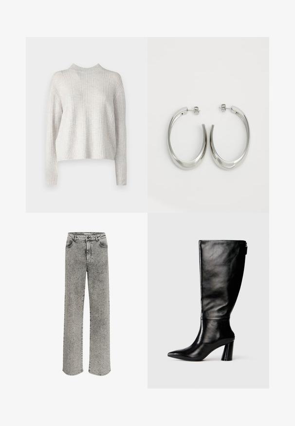 Világosszürke kötött pulóver magas nyakkal, függőleges bordázott textúrával és rövid ujjal. Puha anyag, amely kényelmes megjelenésű.; Szürke farmernadrág egyenes lábformával, ezüst szegecsekkel díszítve. Klasszikus ötpocket stílusú és gombos záródással rendelkezik.; Térd fölé érő fekete bőr csizma hegyes orral, sima felülettel és vastag sarkal. A hátsó részen cipzár részlet található.; Ezüst karika fülbevalók sima, ívelt formával. Fényes fémes felülettel és tűs zárral rendelkeznek. Nincsenek látható minták vagy kiegészítők.