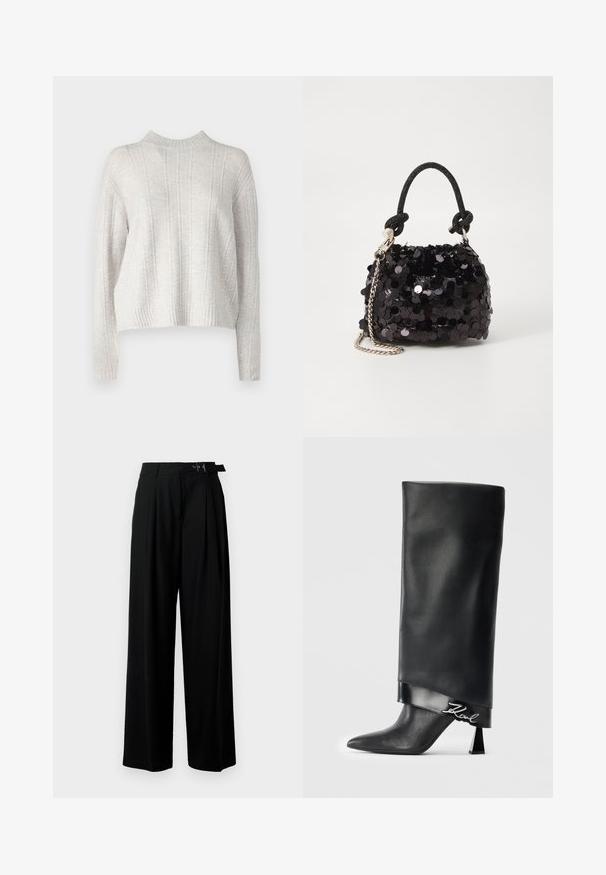 Svetlošedý pletený sveter s vysokým golierom, s vertikálnym ryhovaním a skrátenými rukávmi. Mäkká tkanina s útulným vzhľadom.; Čierne široké nohavice s vysokým pásom, skladmi vpredu a opaskom s prackou. Vyrobené z hladkej, ľahkej textílie.; Čierne kožené čižmy po členky s špicatou špičkou, geometrickým blokovým podpätkom a lesklým lemovaním, ktoré obsahuje detail so strieborným logom "Karl".; Čierna mini kabelka so štrasom, s uzlovým textúrovaným popruhom a strieborným reťazom. Guľatý tvar s riaseným vrchom a reflexnými detailmi.