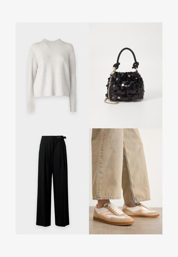 Light gray knitted sweater with a high neck, featuring vertical ribbed texture and cropped sleeves. Soft fabric with a cozy appearance.; Black wide-leg trousers with a high waist, pleats at the front, and a belt featuring a buckle. Made from smooth, lightweight fabric.; Tan and cream sneakers with a suede and mesh design, featuring a lace-up closure and rubber soles, paired with tan wide-leg jeans.; Black sequin mini handbag with a knotted textured strap and silver chain. Rounded shape with gathered top and reflective detailing.