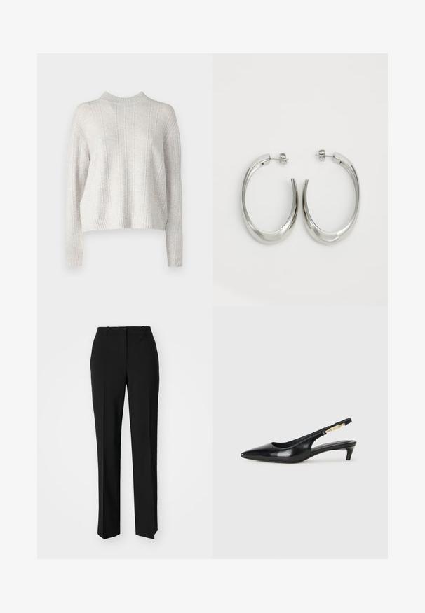 Hellgrauer gestrickter Pullover mit hohem Kragen, vertikaler Rippenstruktur und verkürzten Ärmeln. Weicher Stoff mit einem gemütlichen Aussehen.; Schwarze, taillierte Hose mit geradem Bein, aus einem glatten Stoff und mit klaren Falten an der Vorderseite. Keine sichtbare Hardware.; Schwarze Leder-Slingback-Pumps mit spitzem Schuhblatt, ausgestattet mit einem schlanken Absatz und einem goldfarbigen Akzent am verstellbaren Riemen. Glatte Textur.; Silberne Creolen mit einem glatten, geschwungenen Design. Mit einem glänzenden metallischen Finish und Steckverschluss. Keine sichtbaren Muster oder Akzente.