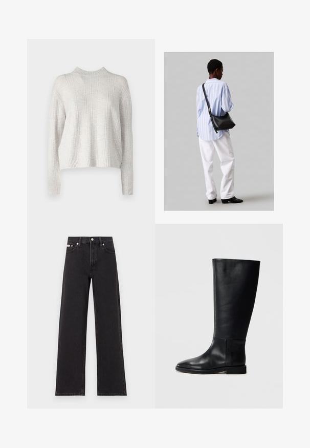 Gaiši pelēks adīts džemperis ar augstu apkakli, vertikālu ribotu faktūru un īsām piedurknēm. Mīksts audums ar mājīgu izskatu.; Melni platmalu džinsi, kas izgatavoti no denima, ar augstu vidukli, piecu kabatu dizainu un metāla pogas aizdari ar kontrastējošu šuvumu.; Melnas ādas līdzceļgala zābaki ar noapaļotu pirkstu, gludu tekstūru, minimālistisku dizainu un plakanu zoli. Vienkāršas šuvju detaļas uz zābaku augšdaļas.; Melna ādas plecu soma ar mīkstu tekstūru, trīsstūra formu un regulējamu siksnu, apvienota ar gaiši zilu svītrotu krekli un baltām biksēm.