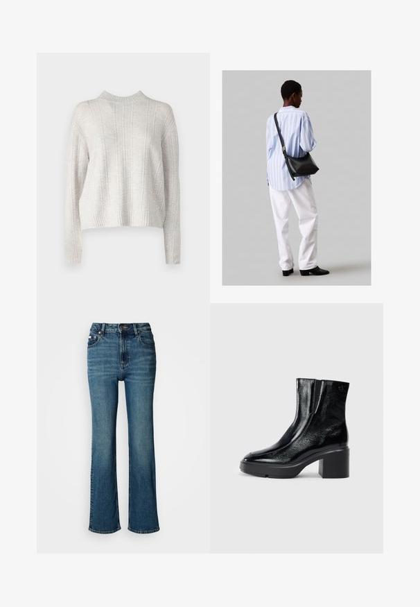 Gaiši pelēks adīts džemperis ar augstu apkakli, vertikālu ribotu faktūru un īsām piedurknēm. Mīksts audums ar mājīgu izskatu.; Augsta vidukļa zilie dūmu džinsi, kas izgatavoti no džinsa auduma, ar taisnu kāju dizainu, vieglu izbalējumu un standarta pogu un rāvējslēdzēja aizdari.; Melnas lakotas ādas potītes zābaki ar izliekto purngalu, elastīgām sānu paneļiem un masīvu blokveida papēdi. Aizmugurē ir izsistā logo.; Melna ādas plecu soma ar mīkstu tekstūru, trīsstūra formu un regulējamu siksnu, apvienota ar gaiši zilu svītrotu krekli un baltām biksēm.