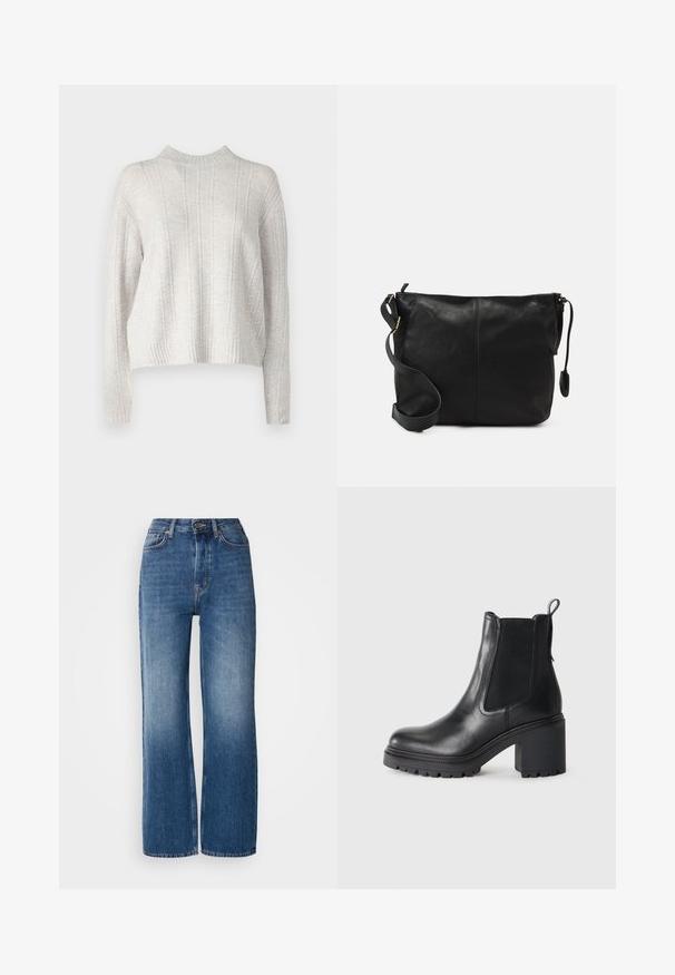 Hele halli soonik kõrge kaelusega, millel on vertikaalne soonikkoes ja lühikesed varrukad. Pehme kangas, mis näeb välja hubane.; Kõrge vöökohaga, laia jala sinised teksad, millel on gradient pesu, vaskne õmblus, eesne nupu sulgemine ja viis taskut.; Must musta külgniidi ja tõmbehaaratsi ning tekstuurses tallas lisatoe jaoks. Karm kõrgendatud konts.; Must värvi nahast ristiõlakott, millel on lame kuju, kuldne metallist detailide aktsent ja reguleeritav rihm. Sile tekstuur väheste õmblusdetailidega.