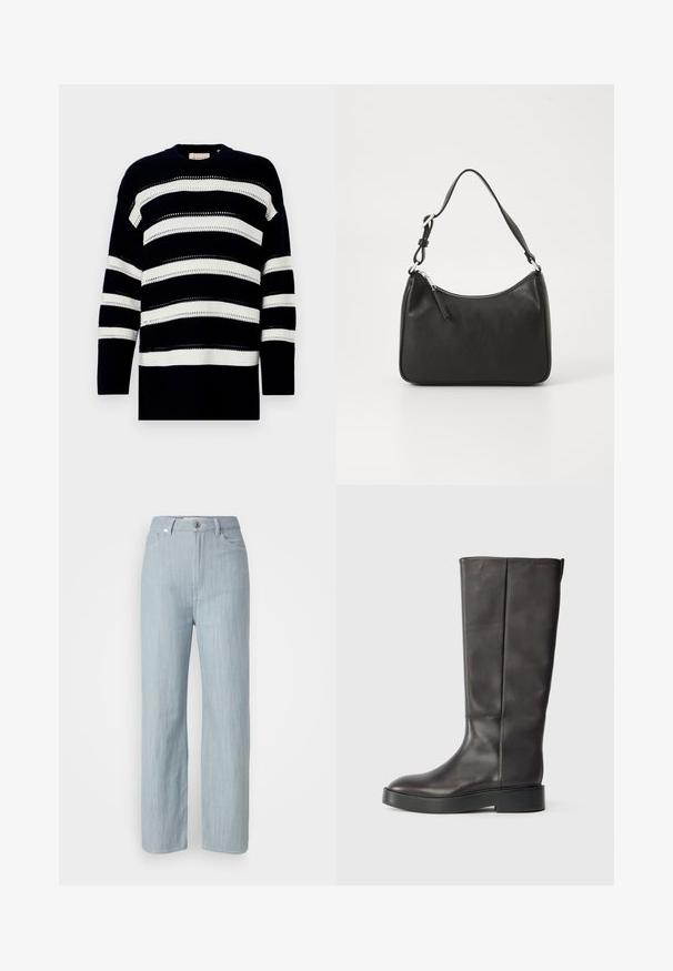 Marinblå och vit randig stickad tröja med rund halsringning och texturerat mönster med öppna stickade detaljer. Avslappnad passform med långa ärmar.; Ljusblå raka jeans i denim. Har fem fickor, en metallspänne och subtila slitageeffekter för textur.; Svart knäskohöga läderstövel med tjock sula och diskret Calvin Klein-logotyp nära toppkanten, visad från sidan.; Svart läderhandväska med en böjd form, en enda rem, dragkedjestängning och subtil märkning på framsidan. Slät yta, minimalistisk design.