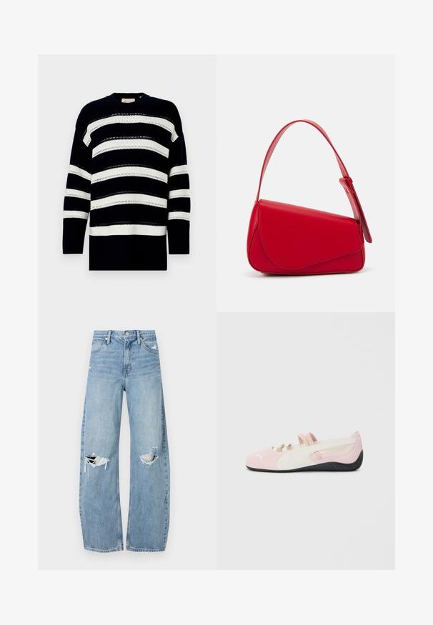 Meriharmaa ja valkoista raidoitusta oleva neulepaita, jossa on pyöreä pääntie ja teksturoitu kuvio, jossa on avonaisia neuleyksityiskohtia. Rento malli pitkillä hihoilla.; Vaaleansiniset, korkeavyötäröiset farkut, jotka on valmistettu denimmateriaalista. Ominaisuuksiin kuuluvat leveät lahkeet, kaksi revittyä polvialuetta ja klassinen viiden taskun tyyli.; Vaaleanpunaiset mokkasiinit valkoisilla yksityiskohdilla, kumipohjalla ja joustavilla hihnoilla. Ominaisuuksiin kuuluu teksturoitu muotoilu ja pieni logo edessä.; Punainen nahkalaukku, jossa on kulmikas, geometrinen muotoilu. Varustettu yhdellä säädettävällä hihnalla ja läpällä, jossa on ommeltu yksityiskohtia.