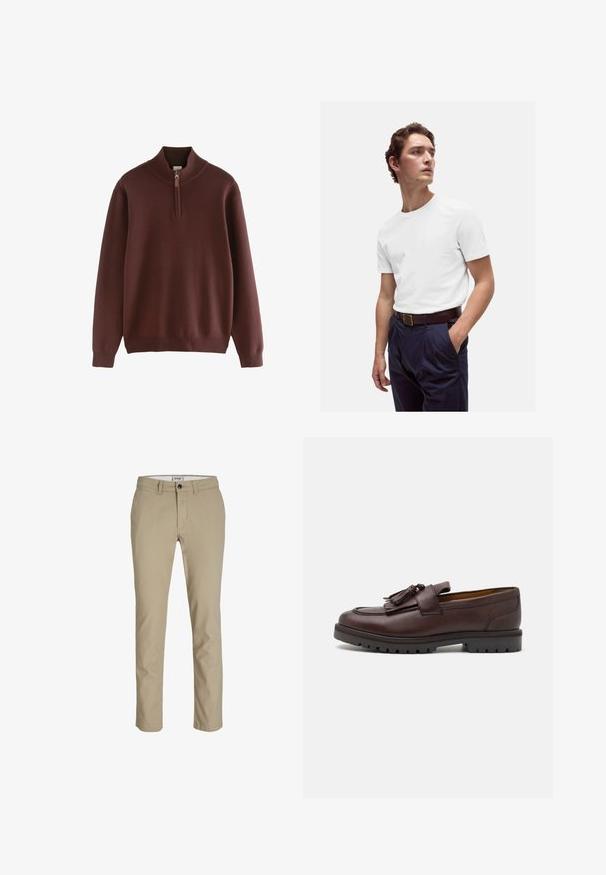 Next - Sweter; Biała bawełniana koszulka z okrągłym dekoltem noszona z granatowymi spodniami w kant i brązowym skórzanym paskiem z złotą klamrą.; Beżowe bawełniane spodnie o dopasowanym kroju, z zamkiem błyskawicznym z przodu, zapięciem na guzik i czterema kieszeniami. Gładka faktura, bez wzorów ani akcentów.; Zign - Biznesowe loafersy
