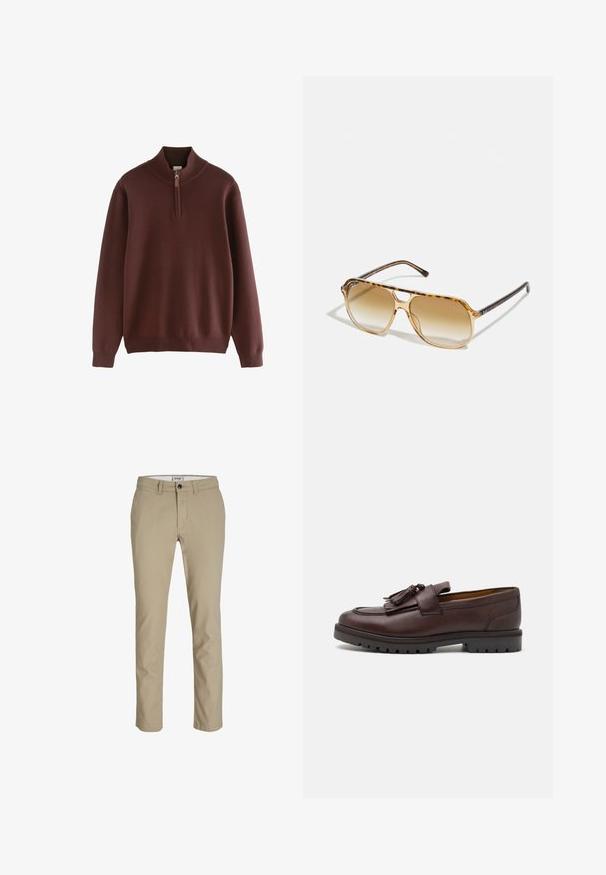 Next Trui - burgandy; Witte katoenen t-shirt met ronde hals, gedragen met marineblauwe geplooide broek en een bruine leren riem met een gouden gesp.; Beige katoenen broek met een slim fit, voorzien van een ritssluiting aan de voorkant, knoopsluiting en vier zakken. Gladde textuur, zonder patronen of accenten.; Zign Zakelijke loafers - brown; Schildpad zonnebril met een rechthoekig montuur, bruin vervagende lenzen en slanke zwarte pootjes met subtiele logo-accenten.